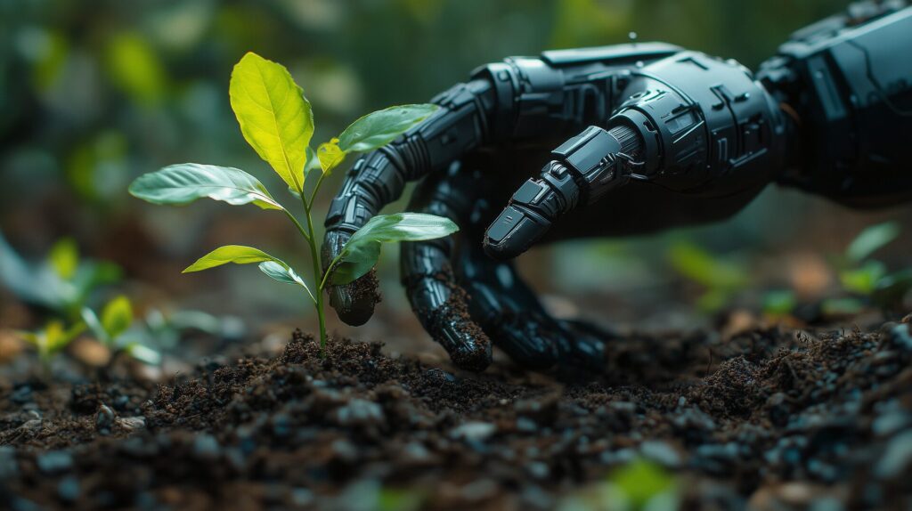 Robotic hand gently tending to green shoot